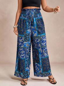 SHEIN VCAY Pantaloni a gamba larga con vita elastica e stampa a motivo di anacardi, adatti per vacanze, taglie forti per donne