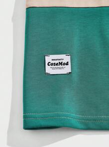 Manfinity VCAY 大码男士宽松休闲印花针织短袖 T 恤和短裤套装夏季服装，学校 - 卡其色 - 查看 4