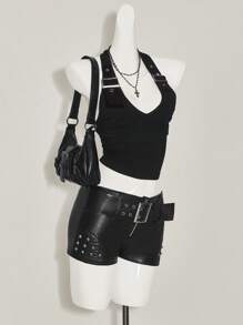 SHEIN ICON Women's Black Backless Deep V-Neck Tank Top With Adjustable Spaghetti Strap