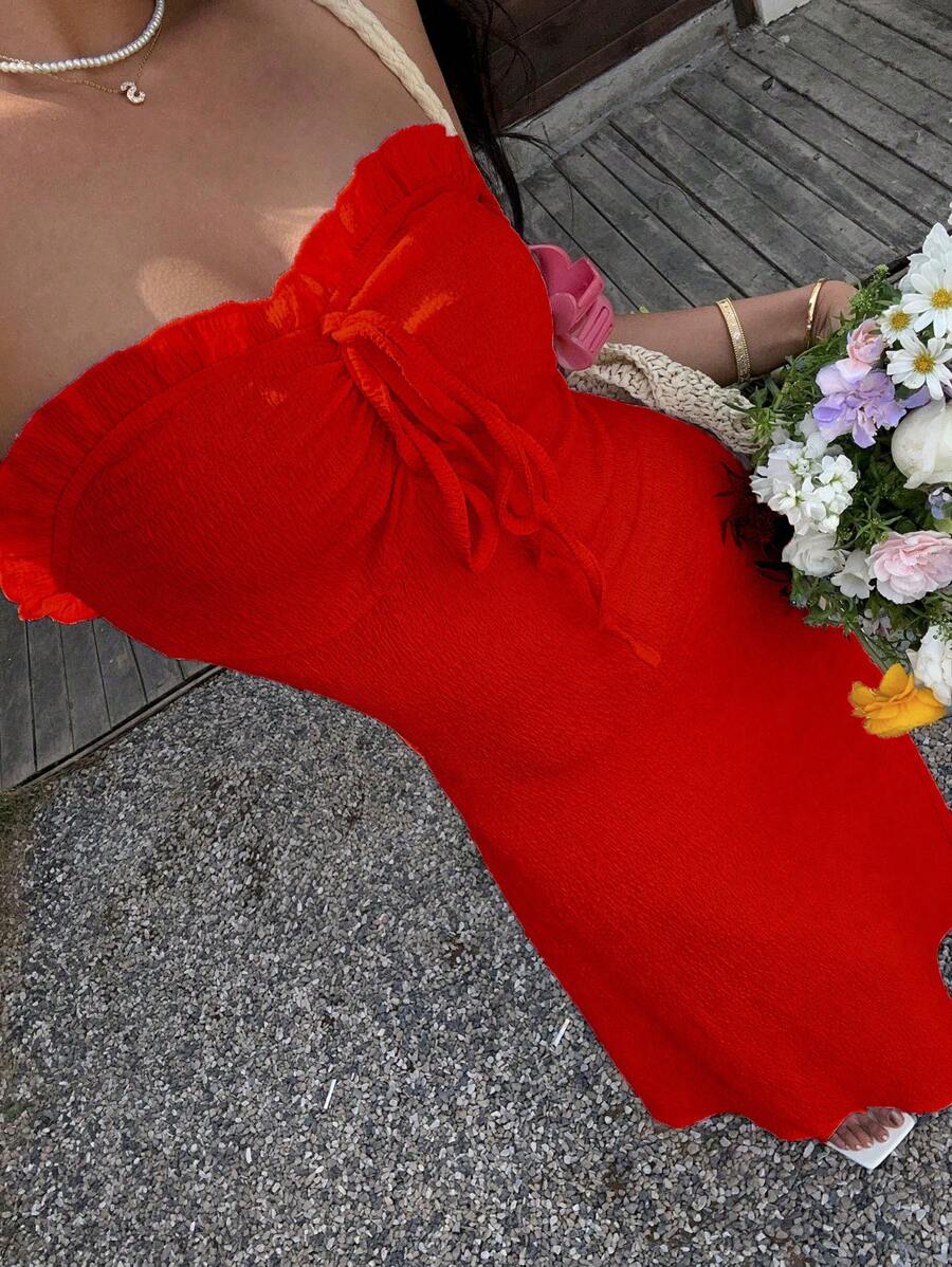 SHEIN SunnyBelle 女士纯色荷叶边纹理抹胸系带连衣裙 - 紅色 - 查看 1