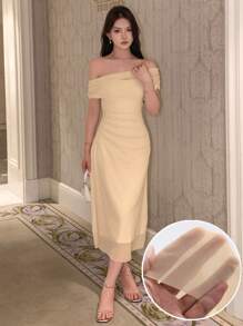 DAZY 女士露肩网纱夏季连衣裙 返校节礼服 婚纱 舞会礼服 优雅女士连衣裙 - 米色 - 查看 2