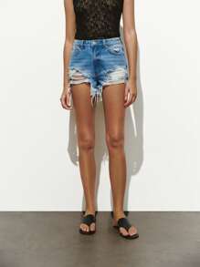 Lumivelle Women High Waist Ripped Pockets Frayed Hem Casual Denim Shorts - Medium Wash - View 8