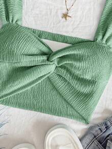 Soleia 女式蓝色针织金属纱扭结前露背短款上衣，度假风格 - 薄荷綠 - 查看 7