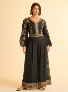CAJUNI Plus Size Boho Vintage Resort Casual Ocean Print Loose Wide Leg Pants - Multicolor - View 7