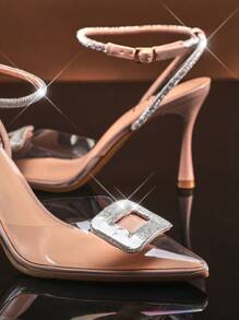 SHUZIA Women Comfortable Kitten Heel Pumps Rhinestone Ankle Strap With Rhinestone Buckle - Beige - View 3