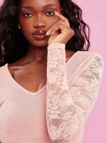 NYA SZN Top Festival Lace Long Sleeve V Neck Summer Top Casual Loungewear Coquette Chic Vacation Easter Lace Western Music Festival Modest Dressing Statement Festival Outfits For Women - Pink - View 4