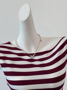 INAWLY Áo thun tay ngắn in họa tiết sọc thường ngày cho nữ mùa hè - Đỏ và trắng - Xem 4