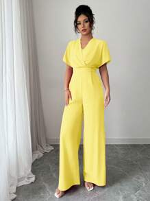 Elenzga Women's Solid Color Waistline Design Elegant Everyday & Holiday Jumpsuit - Yellow - View 5