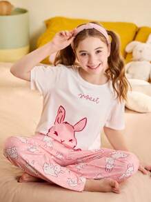 SHEIN Girls Cartoon Printed Short Sleeve Knit Crew Neck Pajama Set - White - View 2