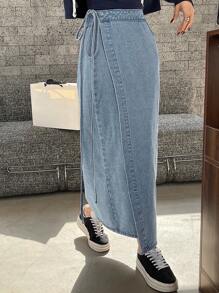 DAZY 女士侧边打结裹身长款休闲牛仔裙 - 淺藍色 - 查看 2