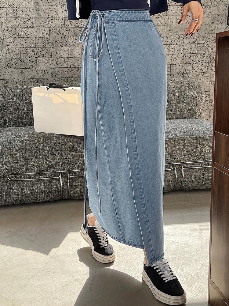 Women's Side Knotted Wrap Long Casual Denim Skirt Jeans Skirt