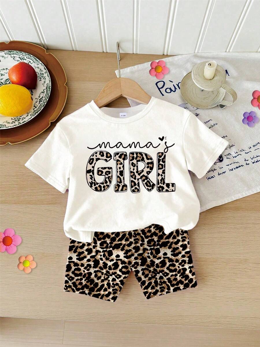 2pcs Baby Girls Leopard Digital Print Casual Round Neck Short Sleeve Top And Bike Shorts Set