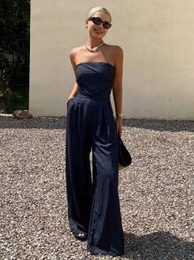 DAZY Women's Summer Sexy Bandeau Denim Jumpsuit, Waist-Cinched Loose Casual Overall Pants - Dark Wash - View 1