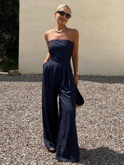 DAZY Women's Summer Sexy Bandeau Denim Jumpsuit, Waist-Cinched Loose Casual Overall Pants