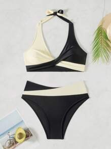 SHEIN Swim Women's Summer Beach Cross Wrap Front Two-Tone Halter Split Bikini Set - Multicolor - View 4