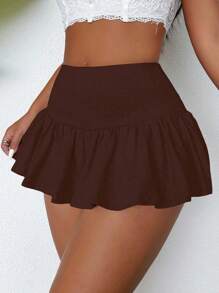 SHEIN Foxxy SXY 翻腰百褶蛋糕裙裤女减龄俏皮基本款短裙超短裤裤夏季短裤街头运动 - 棕色 - 查看 4