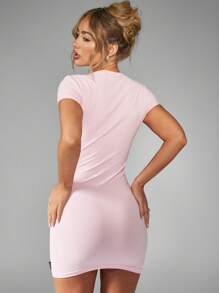 Missguided x Playboy Stretchy Fitted T-Shirt Mini Dress Classic Bunny Logo Short Sleeve Bodycon Athletic Style Casual Summer Spring Basic Essential - Pink - View 2