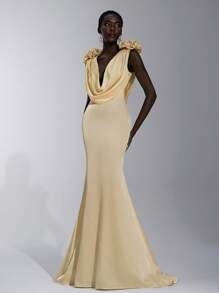 Elitara Elegant Champagne Gold Spring Satin Floral Sculptural Shoulders Draped Neck Backless Fishtail Dress,Formal Event Prom Wedding Bridesmaid Graduation - Yellow - View 7