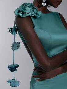 Elitara Elegante abito da donna verde oliva in raso, minimalista, con spalle scoperte, decorazioni floreali, frange, taglio a sirena e schiena scoperta, adatto per appuntamenti, vacanze, matrimoni, damigelle