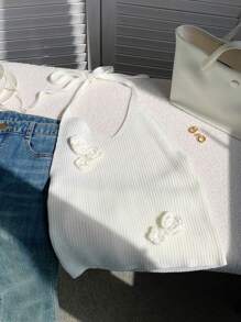 Comfortcana Áo croptop dệt kim cổ yếm họa tiết hoa 3D màu trắng mùa hè, thích hợp mặc đi biển cho nữ. - trắng - Xem 5