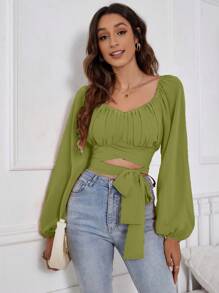 SHEIN Unity Women's Solid Color Sweetheart Neck Pleated Waist Twist Lantern Sleeve Blouse - Olive Green - View 3