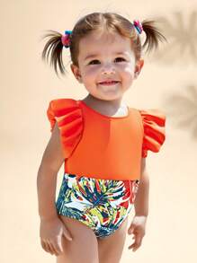 SHEIN Baby Girl Floral Print Ruffle One-Piece Swimsuit, Summer - Orange - View 1