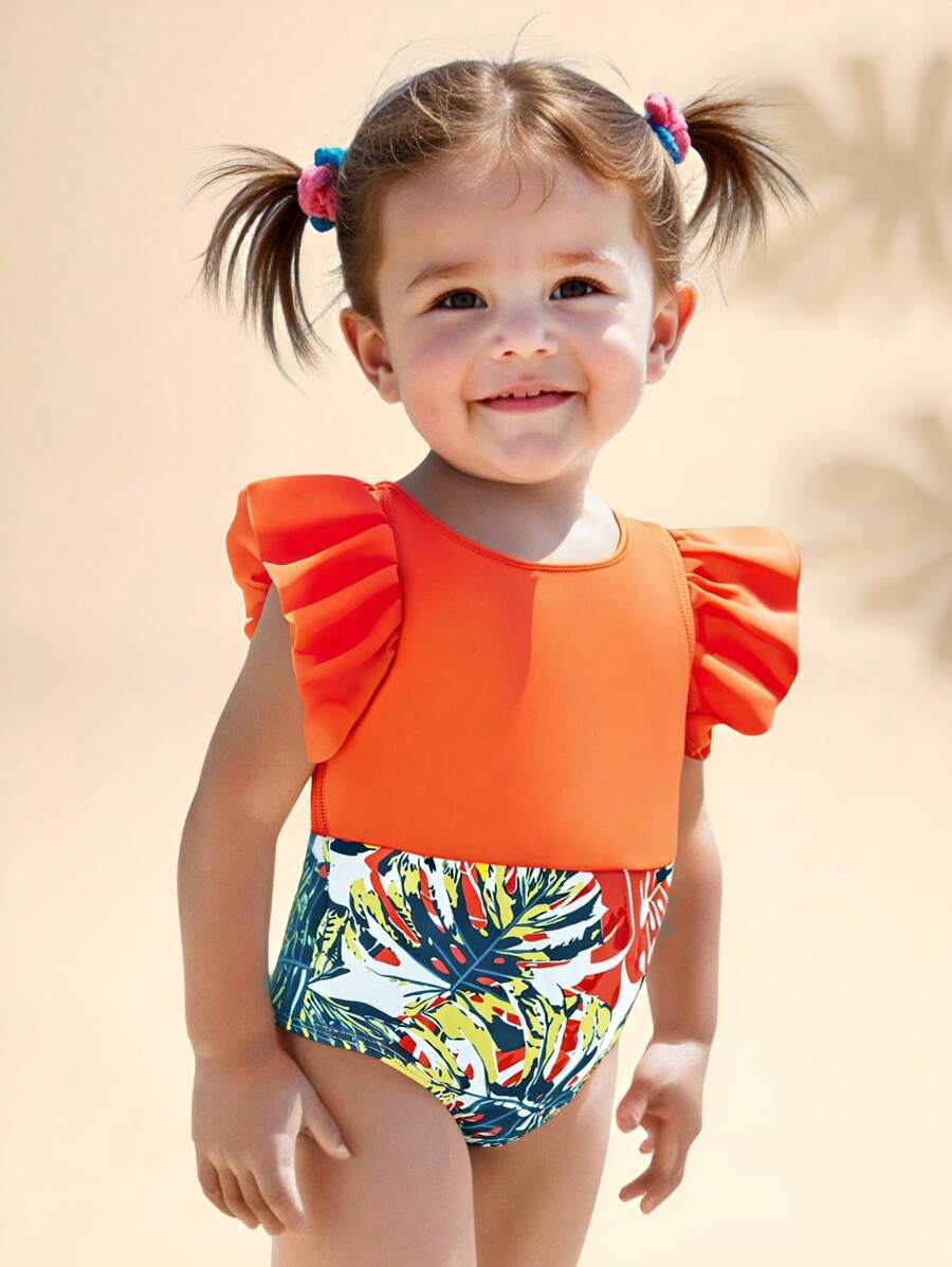 SHEIN Baby Girl Floral Print Ruffle One-Piece Swimsuit, Summer - Orange - View 1
