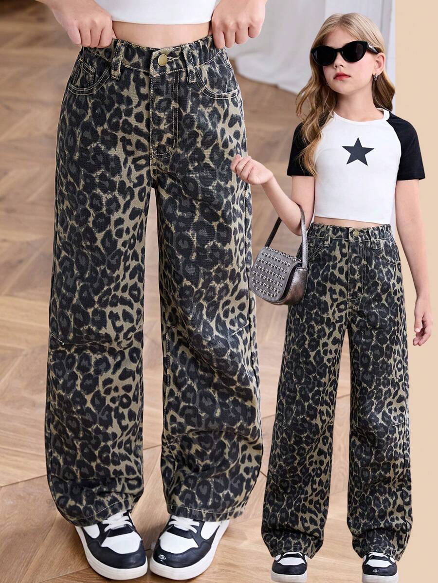 SHEIN Tween Girl Y2K 豹纹直筒牛仔裤 - 彩色 - 查看 1