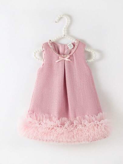 SHEIN Elladie kids Flower Girl Elegant 3D Floral Trim Bow Decor Ärmlös klänning, lämplig för bröllop, fest, födelsedag, semester, fotofotografering, sommar