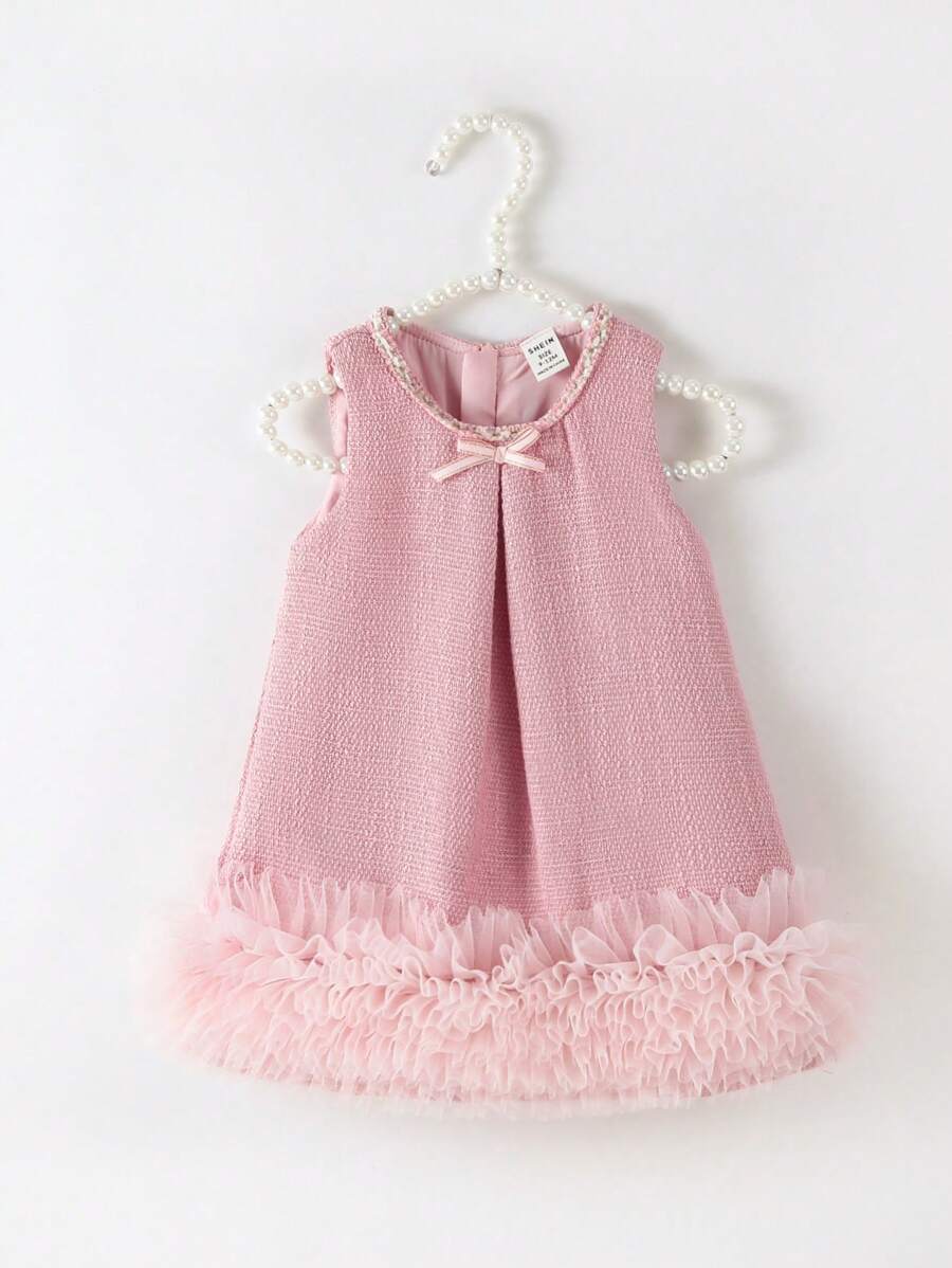 SHEIN Elladie kids Flower Girl Elegant 3D Floral Trim Bow Decor Sleeveless Dress, Suitable For Wedding, Party, Birthday, Holiday, Photo Shooting, Summer - Pink - View 1