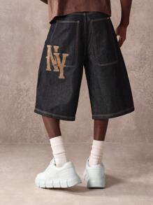 SUMWON 阔腿牛仔短裤街头潮流滑板风格纽约标志印花原色牛仔宽松百慕大长度宽松休闲夏季短裤 - 藍色 - 查看 1