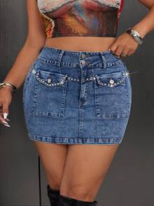 SHEIN ICON Plus Size Women Summer Rhinestone Decor Denim Mini Skirt - Grey - View 5