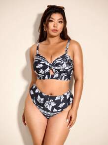 Elaquor Plus Size Full Print Spaghetti Strap Hollow Sleeveless Summer Bikini Set