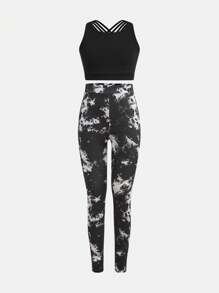 SHEIN Conjunto de top de tirantes de punto de unicolor y leggings efecto tie-dye informal para actividades deportivas y yoga para niña preadolescente