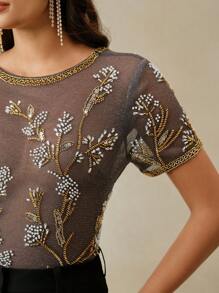 Anewsta 女式现代奢华圆领露背铆钉网眼套头衫串珠细节上衣，适合夏季、节日、优雅、假日、度假、休闲 - 灰色 - 查看 3