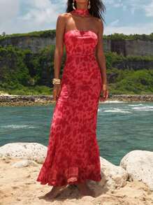 SHEIN VCAY Vestido de verano sexy para tallas grandes con estampado completo, escote halter y cintura ceñida