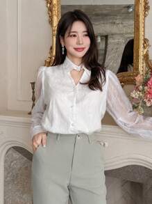 DAZY 女士宽松蕾丝镂空长袖优雅度假夏季上衣、衬衫 - 白色 - 查看 5