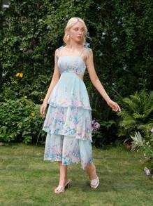 SHEIN MOD Robe longue bohème à lacets avec imprimé floral, bleu rêveur