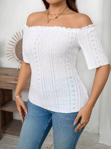 SHEIN LUNE Camiseta de mujer de talla grande de manga corta y hombros descubiertos con bordado floral, adecuada para vacaciones y atuendos de verano para mujer, blusas de verano para salir - Blanco - Ver 7