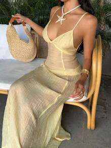 SHEIN Unity Women's Open Back Tie-Up Button Design Cami Maxi Dress - Butter Yellow - View 4