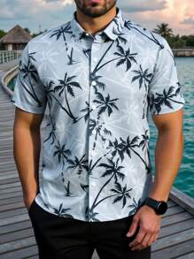 Manfinity RSRT Áo sơ mi nam tay ngắn in hình cây cọ cỡ lớn, đơn hàng thường ngày - Màu xanh bụi bặm - Xem 1