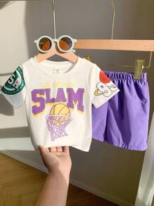 SHEIN 2pcs Baby Boys Summer Casual Sports Cartoon Basketball Print Short Sleeve T-Shirt With Elastic Waist Purple Shorts Set Outfit For Toddler Toddler Clothes Toddler Sets Summer Toddler Football Outfit Toddler Clothing - Multicolor - View 6