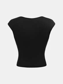 SHEIN Teen Girl Knitted Solid Color Ruched Bust Tee, Back To School , Cute, Holiday Family Outdoor Spring Picnic Everyday Wear, Black Top, Suitable For Various Occasions