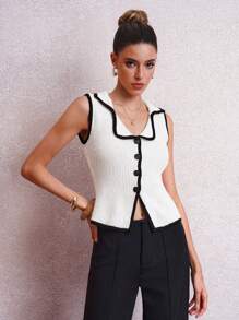 SHEIN Clasi Women Contrast Binding Knitted Button Front Sweater Vest - Black and White - View 3