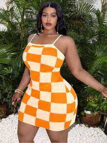 Slaydiva Abito casual a maglia aderente con fantasia a quadri e bretelle, taglie forti