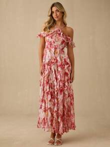 Enchnt Spring/Summer Romantic Women's  Vacation Style Allover Print Embellished Halter Ruffle Hem One Shoulder Maxi Dress,Sweet&Elegant&Sexy, For Holiday Dress&Vacation Dress&Sweet Date&Graduation Season Dress&Afternoon Tea&Garden Parties,Summer Outfits For Women,Elegant Dresses For Women,Bohemian Clothes