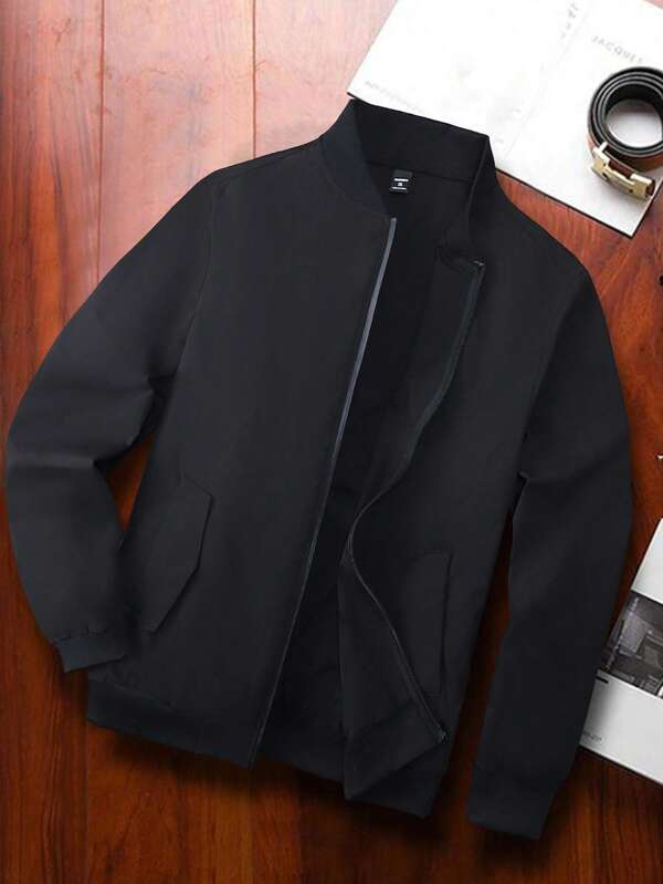 Manfinity Homme Plus Size Men's Solid Color Zipper Closure Casual Long Sleeve Jacket