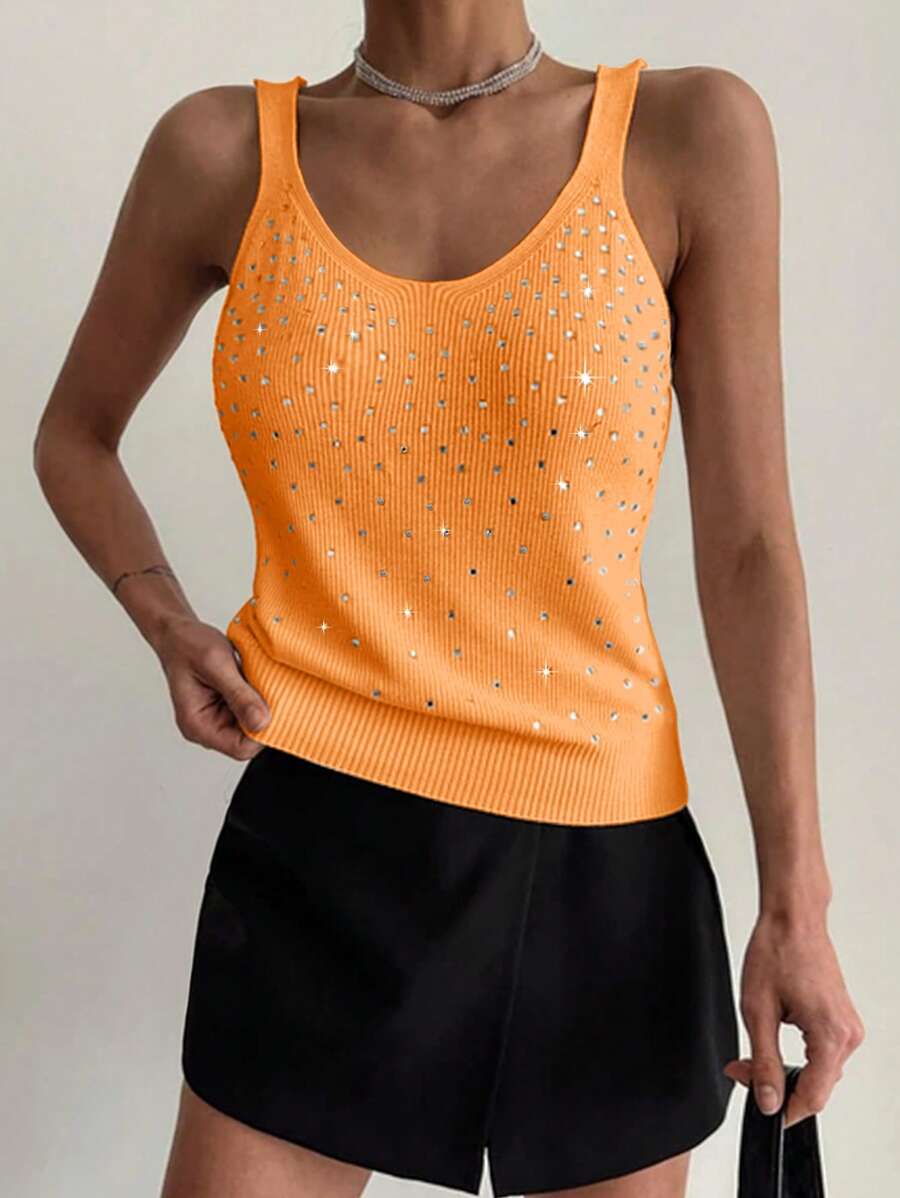 EMERY ROSE Women's White Rhinestone Rib Knit Camisole Top - Orange - View 1