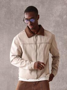 SUMWON 牛仔卡车司机夹克，灯芯绒领，休闲工作服，毛边下摆，拉链前襟，经典款式，秋冬外套，街头时尚 - 卡其色 - 查看 4