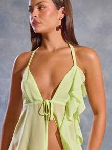 MUSERA Mesh Halter Neck Ruffle Trim Tie Front Top Spring, Summer, Ibiza, Y2k, Cool Girl, Festival, Rave, Vacation, Club, Cute, Holiday Going Out Top - Yellow - View 2